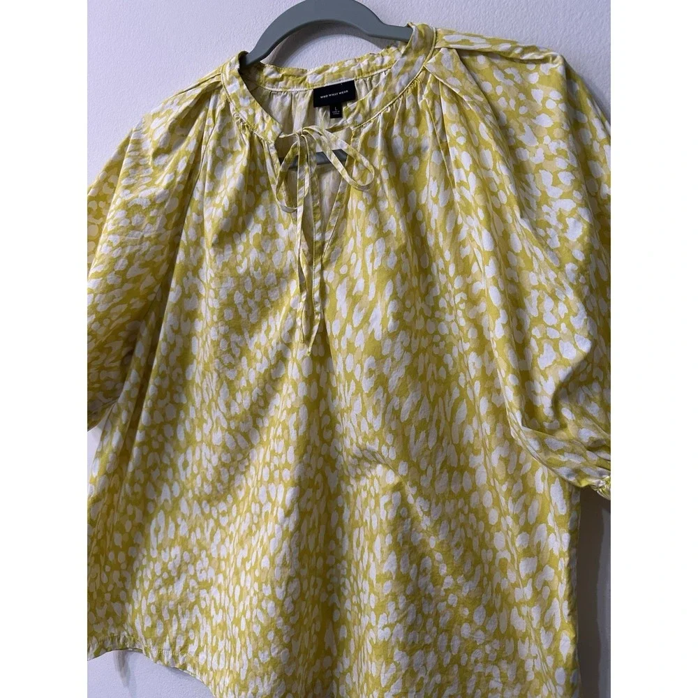 WhoWhatWear Blouse Womens Large Yellow White Animal Print Puff Sleeves Tie Back